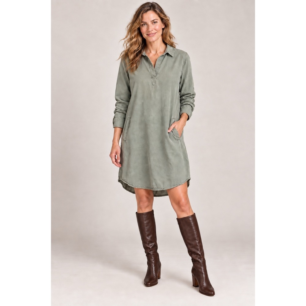 Earthy Como Vintage Sage Green Lyocell Long Sleeve Shirt Dress Pockets Large